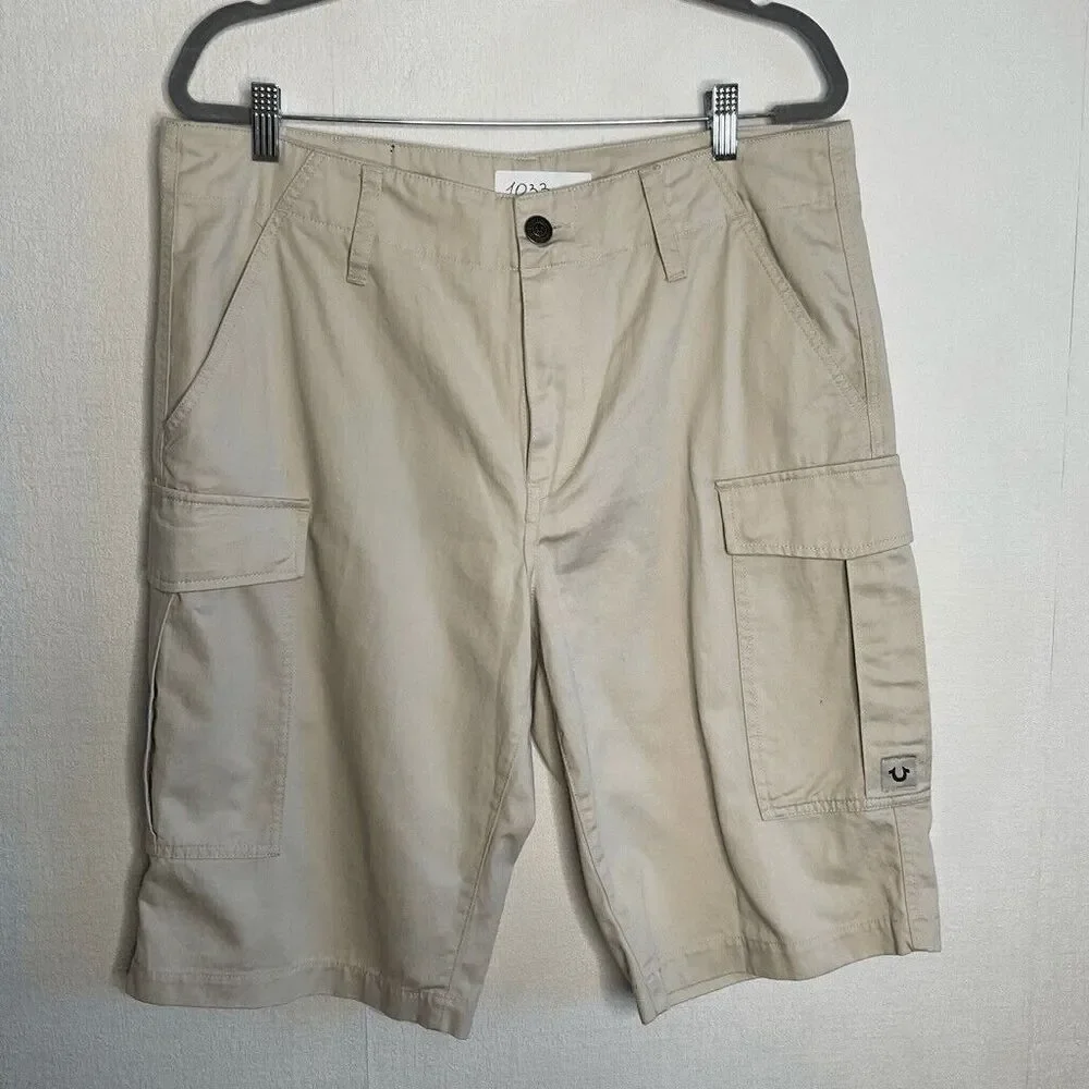 True Religion Men's Khaki Tan Cotton‎ Baggy Hi Rise Casual Cargo Shorts Size 33